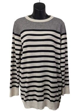 & Women's Colorblock Striped Crewneck Sweater White Black Gray Side Slit Size L